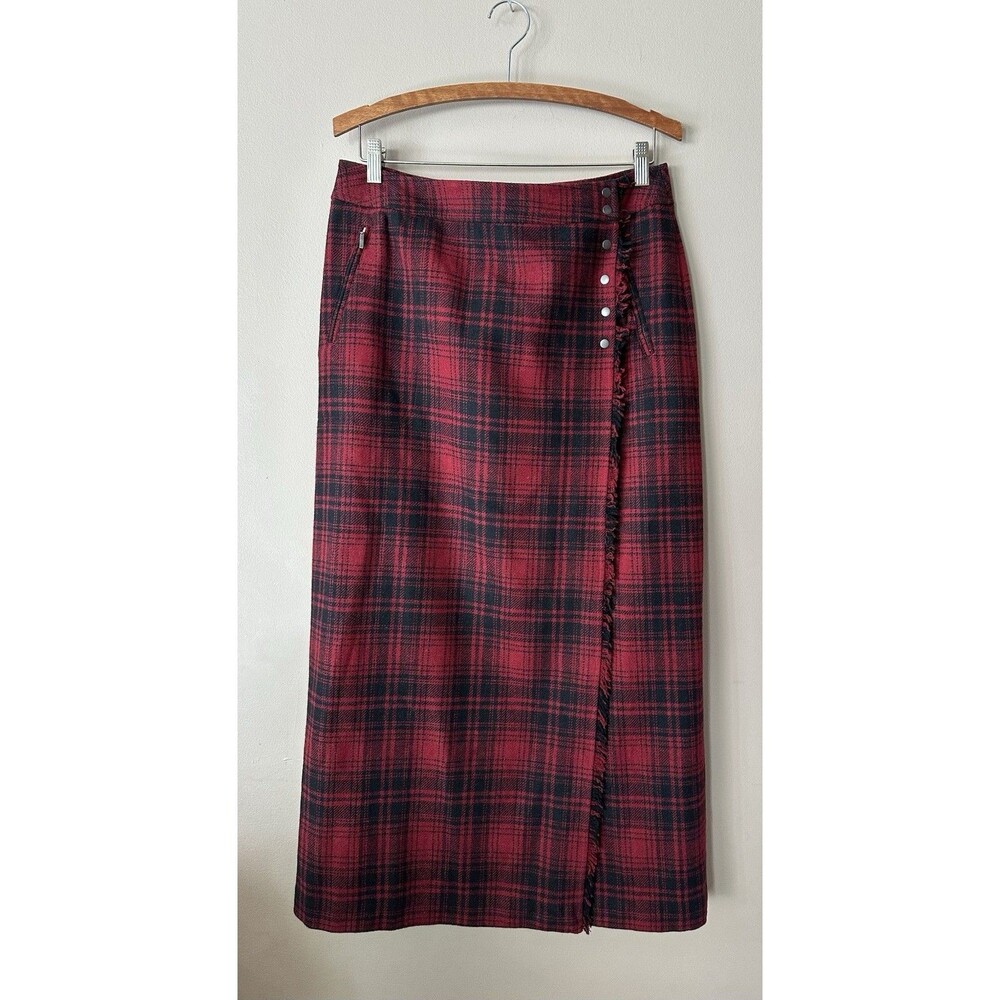 Eddie Bauer Red and Black Plaid Wool Wrap Skirt, fringe